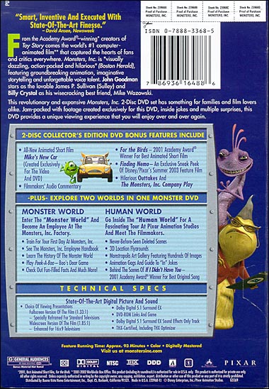  Monsters, Inc. (Two-Disc Collector's Edition) [DVD] : Billy  Crystal, John Goodman, Mary Gibbs, Steve Buscemi, James Coburn, Jennifer  Tilly, Bob Peterson, John Ratzenberger, Frank Oz, Daniel Gerson, Steve  Susskind, Bonnie Hunt